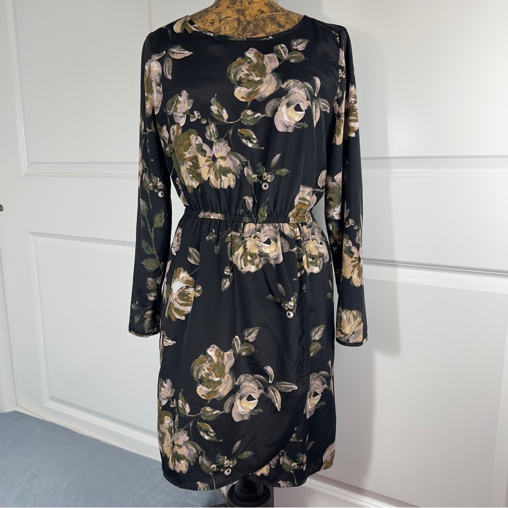 J. Crew Black Floral Long-Sleeve Elastic-Waist Dress with Olive and Cream Blooms